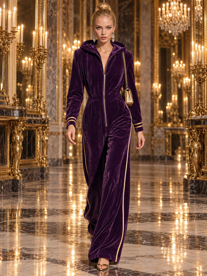 Casual And Stylish Gold And Purple Velvet Long-sleeved Hooded Jumpsuit