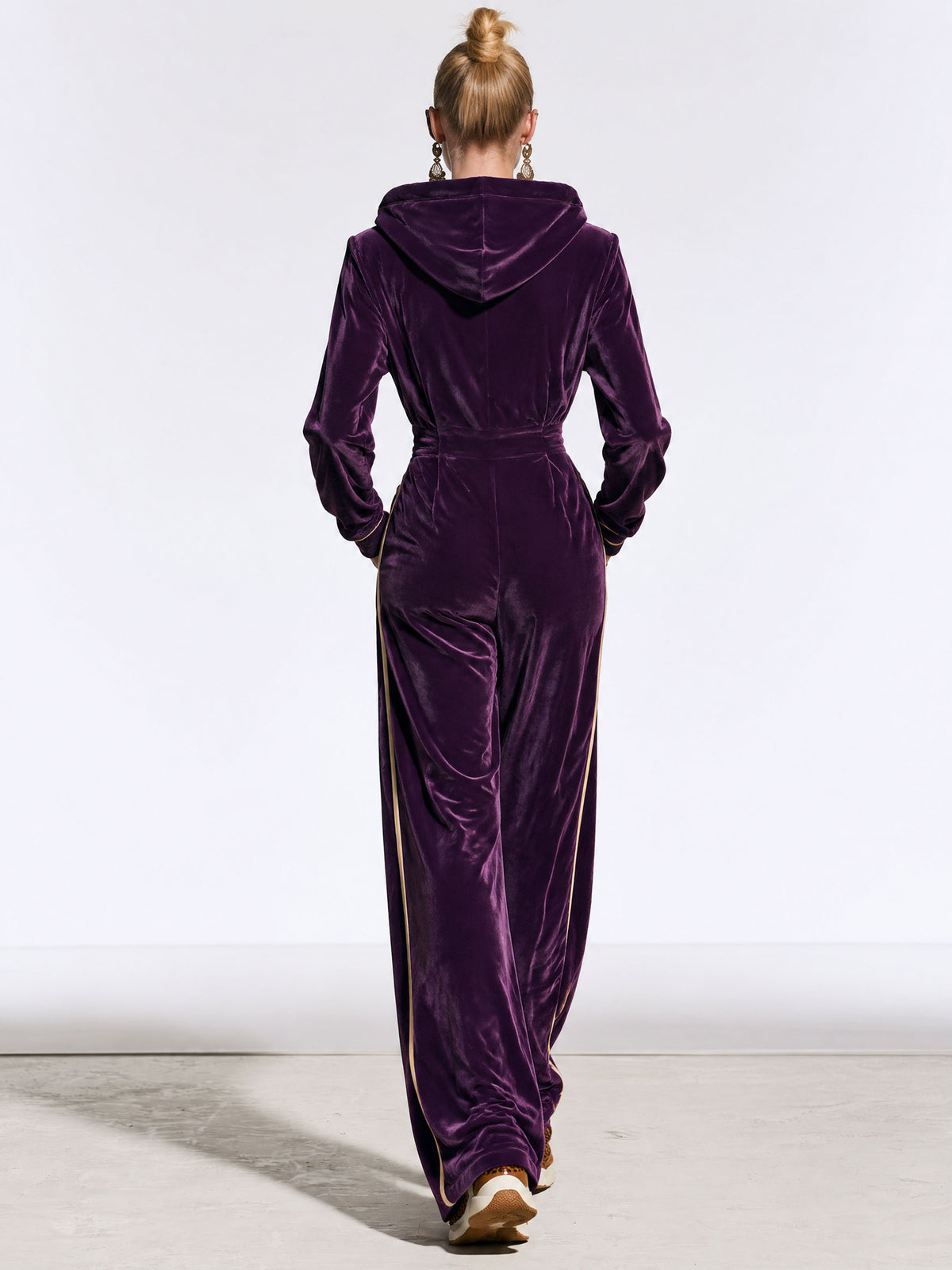 Casual And Stylish Gold And Purple Velvet Long-sleeved Hooded Jumpsuit