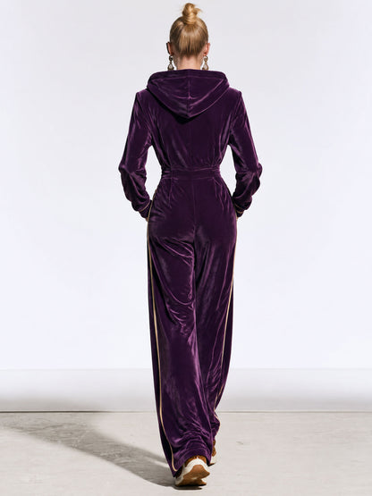 Casual And Stylish Gold And Purple Velvet Long-sleeved Hooded Jumpsuit