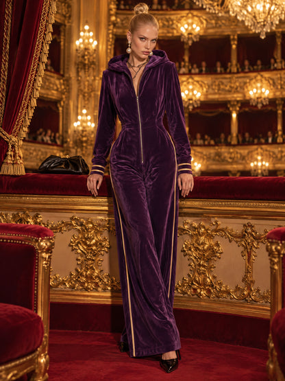 Casual And Stylish Gold And Purple Velvet Long-sleeved Hooded Jumpsuit