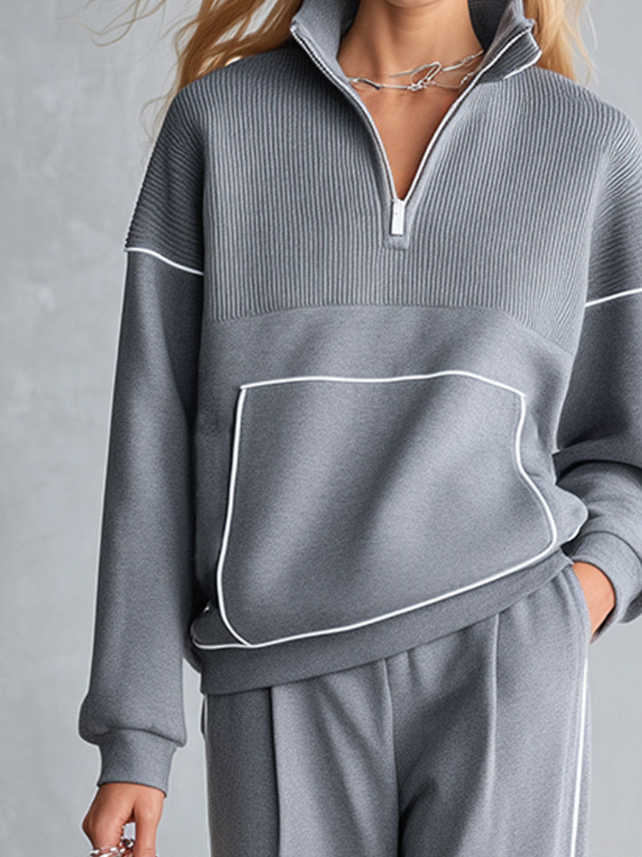 Casual Sportswear Light Grey Trimmed Top &amp; Wide-Leg Pants Cotton Matching Set