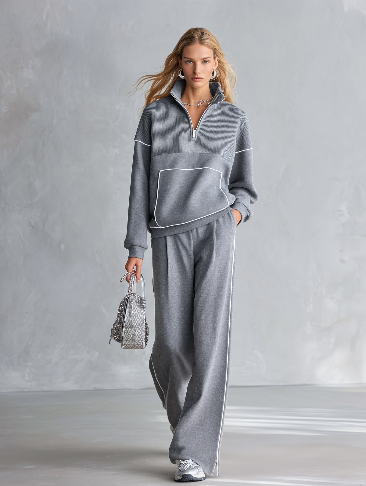 Casual Sportswear Light Grey Trimmed Top &amp; Wide-Leg Pants Cotton Matching Set