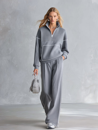Casual Sportswear Light Grey Trimmed Top &amp; Wide-Leg Pants Cotton Matching Set