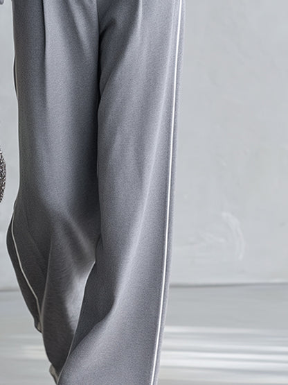 Casual Sportswear Light Grey Trimmed Top &amp; Wide-Leg Pants Cotton Matching Set
