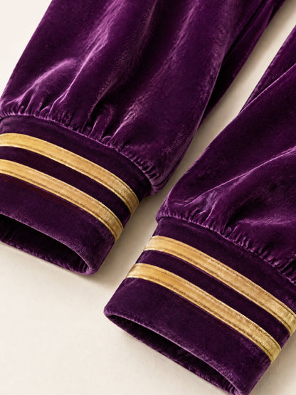 Casual And Stylish Gold And Purple Velvet Long-sleeved Hooded Jumpsuit
