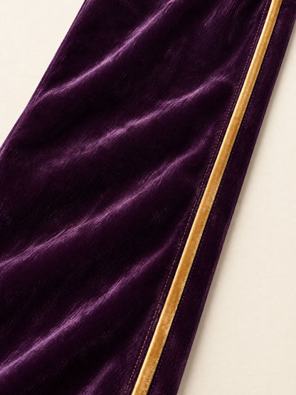 Casual And Stylish Gold And Purple Velvet Long-sleeved Hooded Jumpsuit