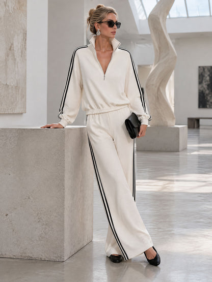 Casual Sporty Black Ribbon White Half-Zip Sweatshirt And Wide-Leg Pants Set