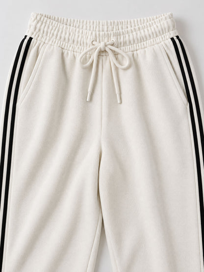 Casual Sporty Black Ribbon White Half-Zip Sweatshirt And Wide-Leg Pants Set