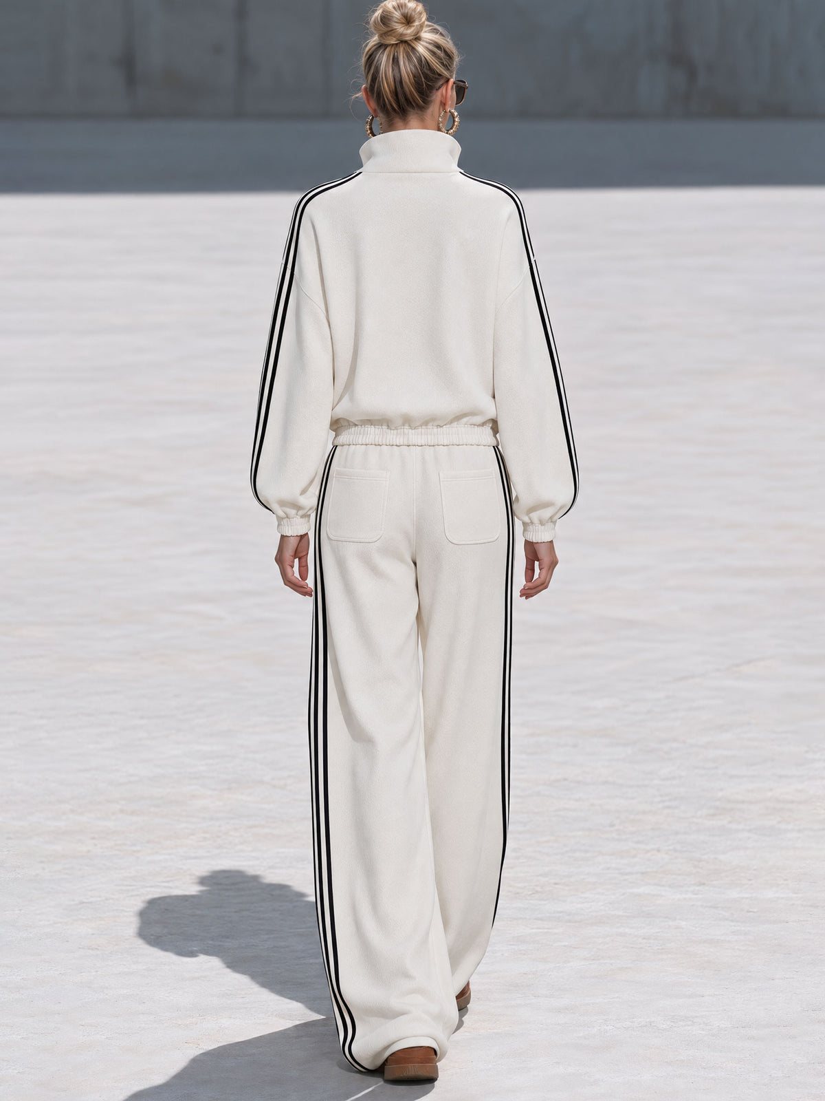 Casual Sporty Black Ribbon White Half-Zip Sweatshirt And Wide-Leg Pants Set