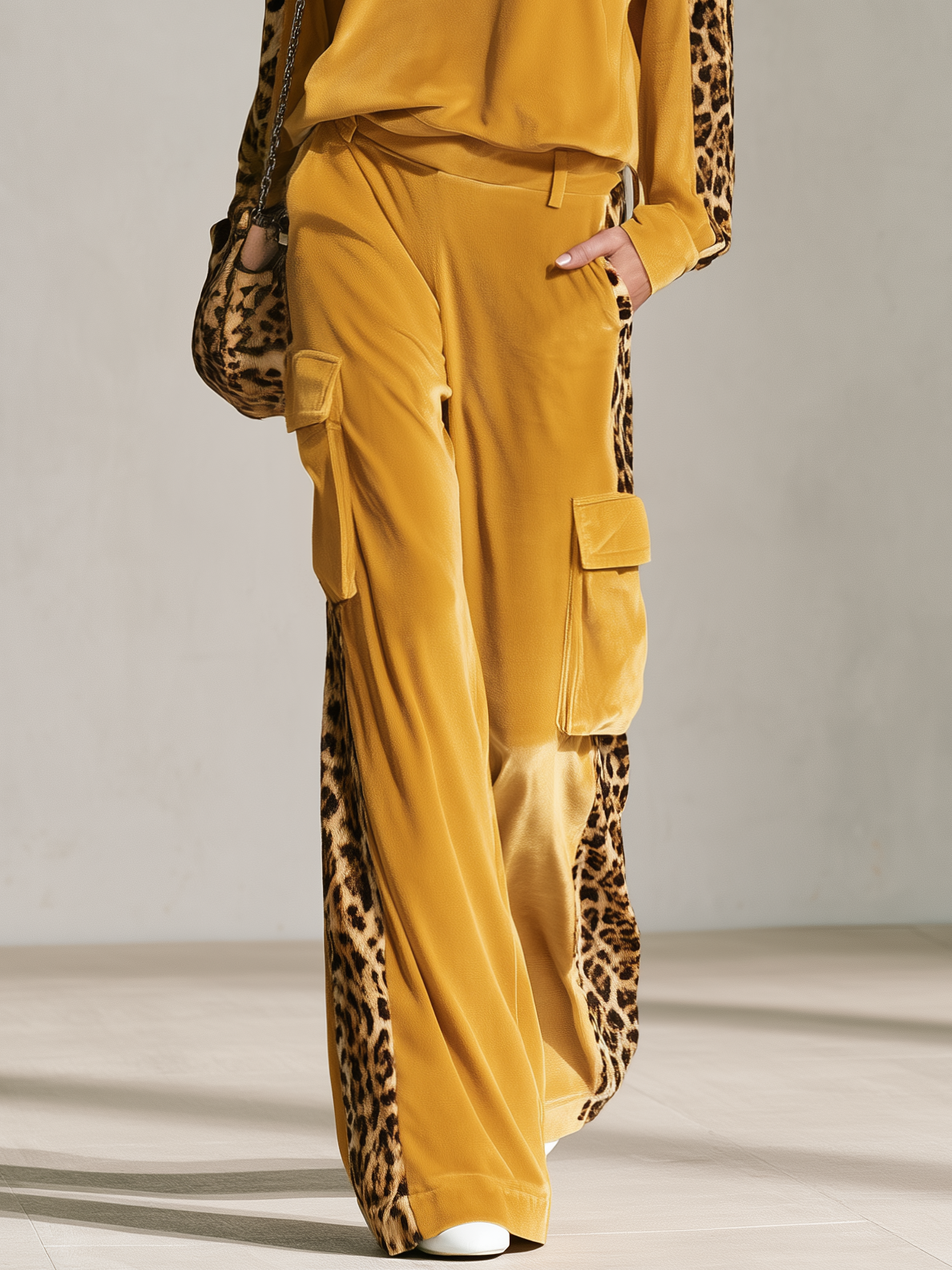 Retro Chic Yellow Leopard Print Velvet Top &amp; Wide-Leg Pants Set