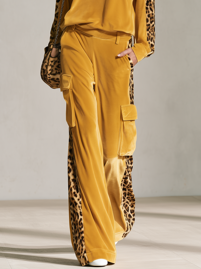 Retro Chic Yellow Leopard Print Velvet Top &amp; Wide-Leg Pants Set