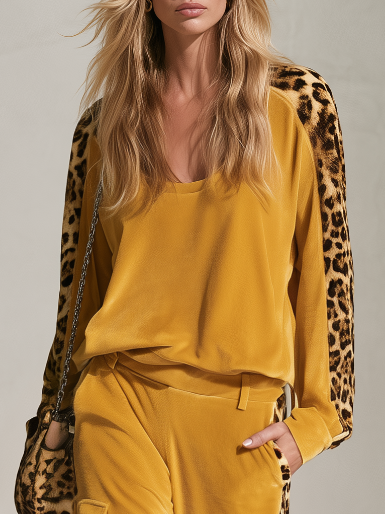 Retro Chic Yellow Leopard Print Velvet Top &amp; Wide-Leg Pants Set