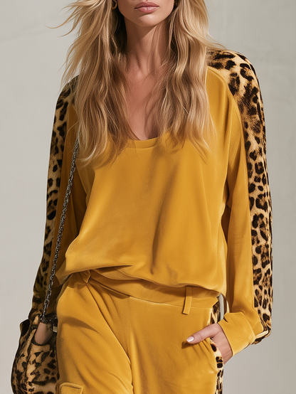 Retro Chic Yellow Leopard Print Velvet Top &amp; Wide-Leg Pants Set