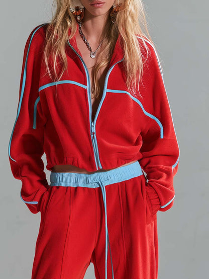 Retro Sporty Contrast Piping Cropped Zip-Up Jacket Wide-Leg Cargo Pants Fleece Tracksuit Set