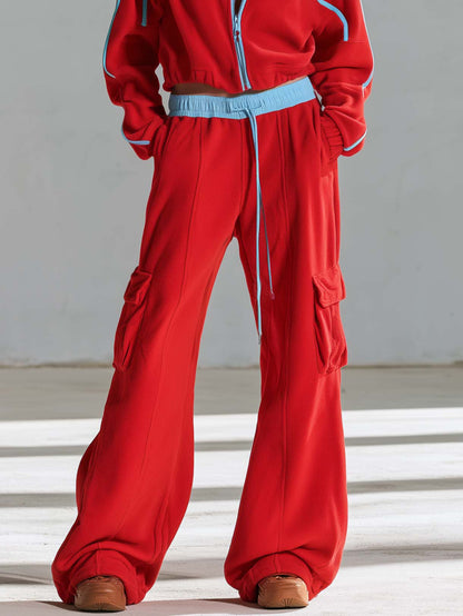 Retro Sporty Contrast Piping Cropped Zip-Up Jacket Wide-Leg Cargo Pants Fleece Tracksuit Set