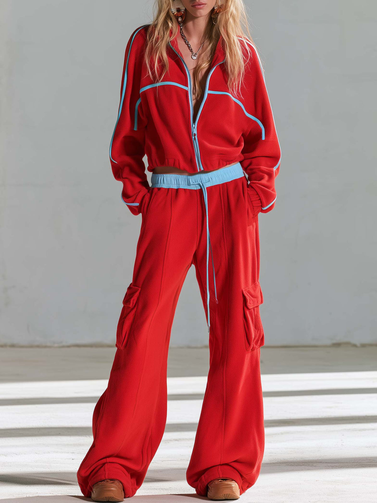 Retro Sporty Contrast Piping Cropped Zip-Up Jacket Wide-Leg Cargo Pants Fleece Tracksuit Set