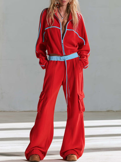 Retro Sporty Contrast Piping Cropped Zip-Up Jacket Wide-Leg Cargo Pants Fleece Tracksuit Set
