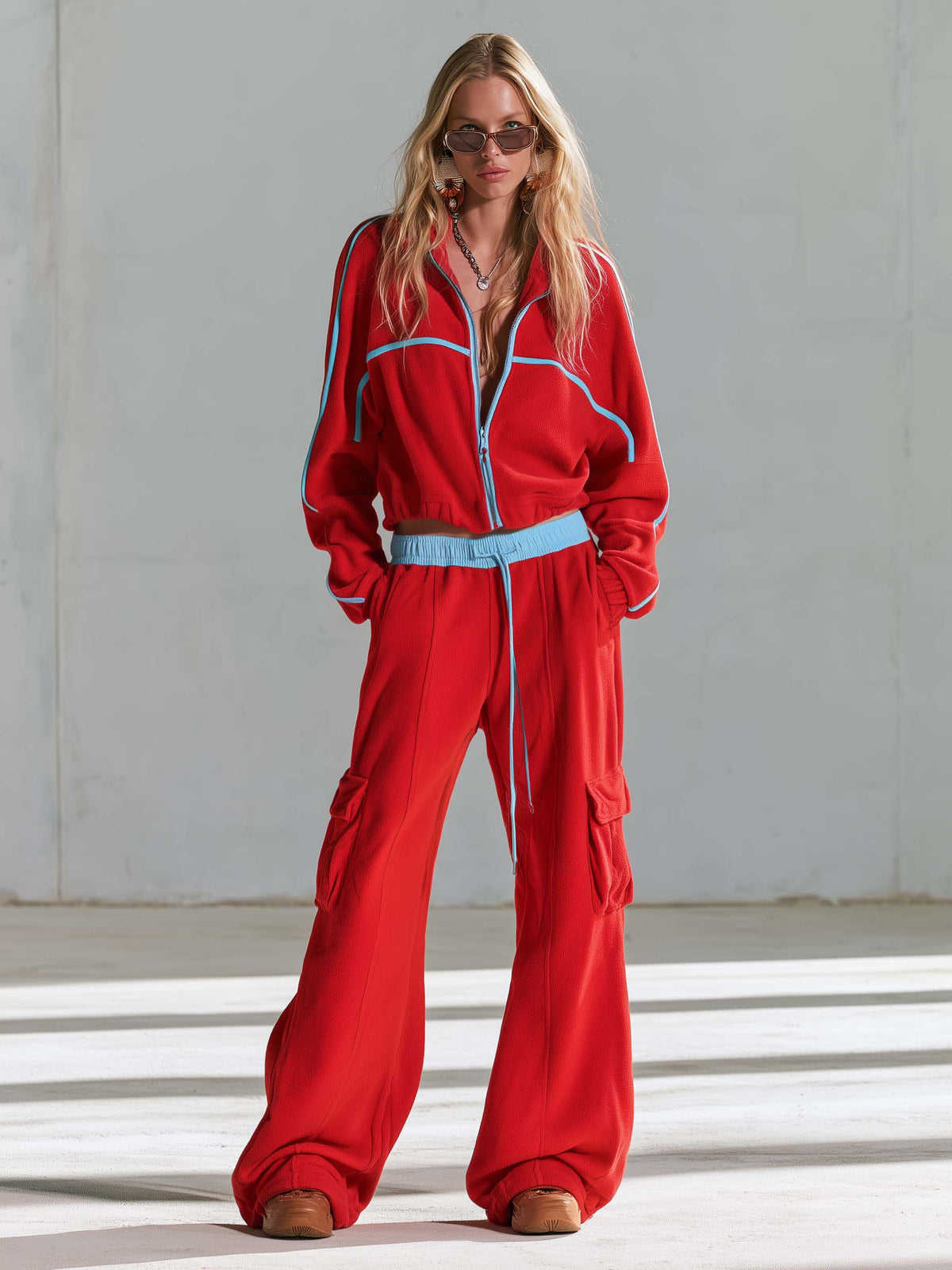 Retro Sporty Contrast Piping Cropped Zip-Up Jacket Wide-Leg Cargo Pants Fleece Tracksuit Set
