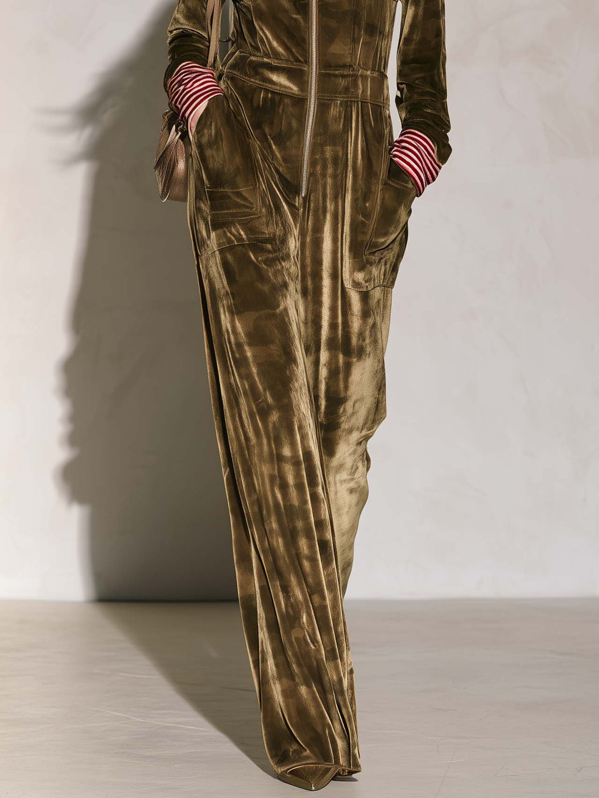 Vintage Utility Camo Olive Velvet Hooded Zip-Up Wide Leg Long Sleeve Jumpsuit
