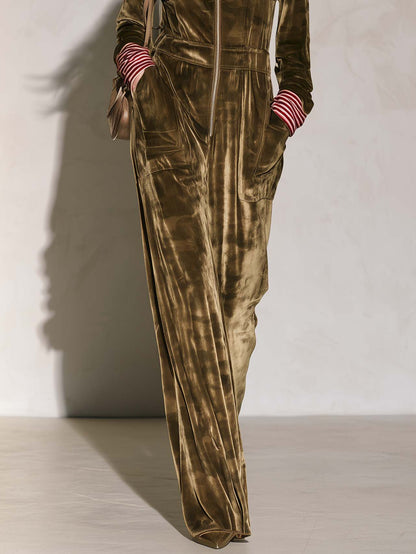 Vintage Utility Camo Olive Velvet Hooded Zip-Up Wide Leg Long Sleeve Jumpsuit