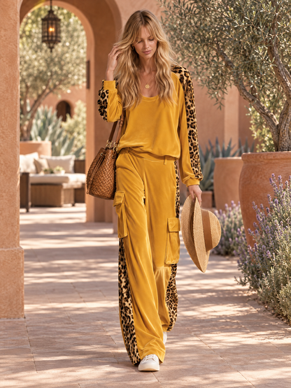 Retro Chic Yellow Leopard Print Velvet Top &amp; Wide-Leg Pants Set