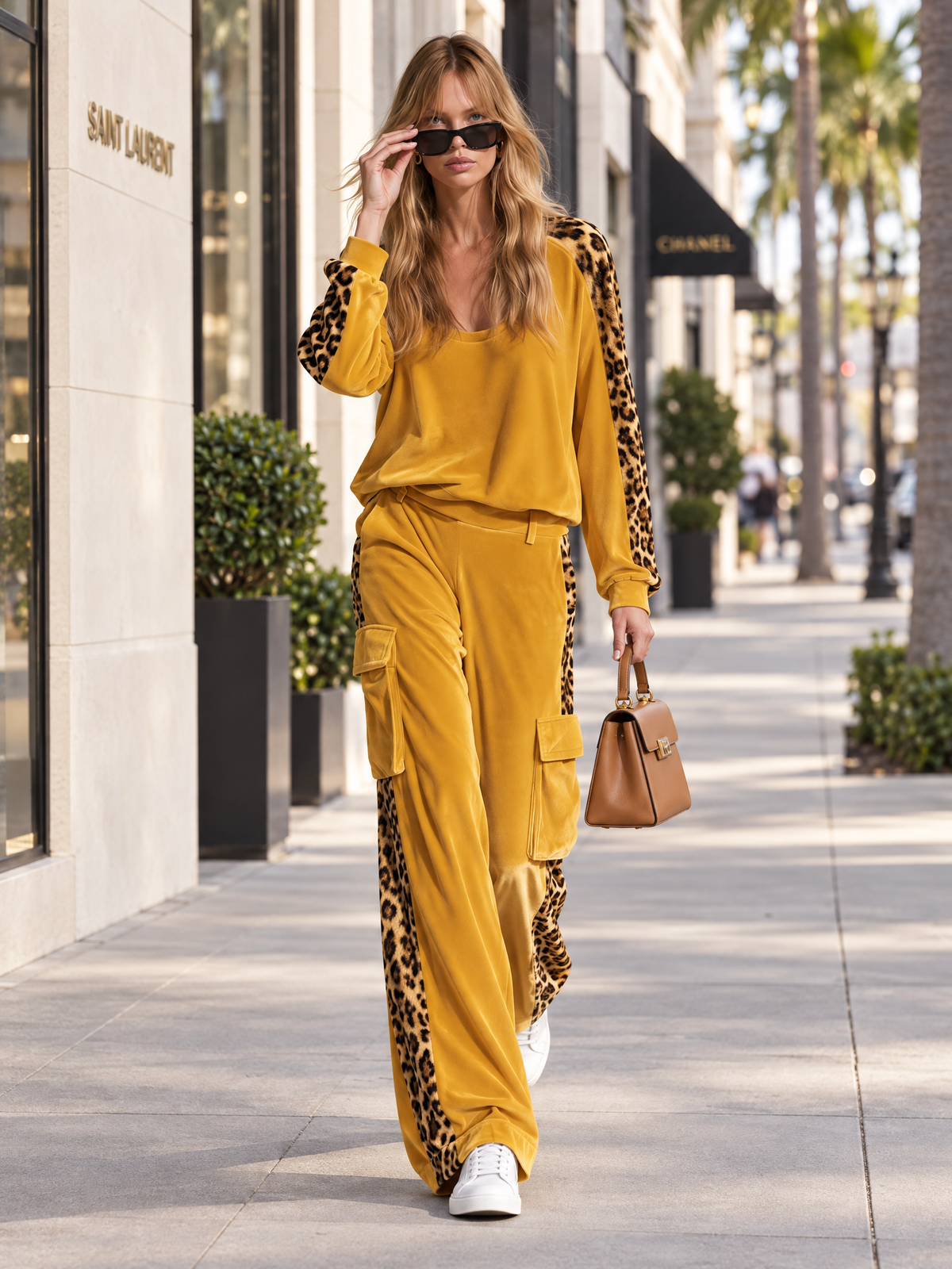 Retro Chic Yellow Leopard Print Velvet Top &amp; Wide-Leg Pants Set