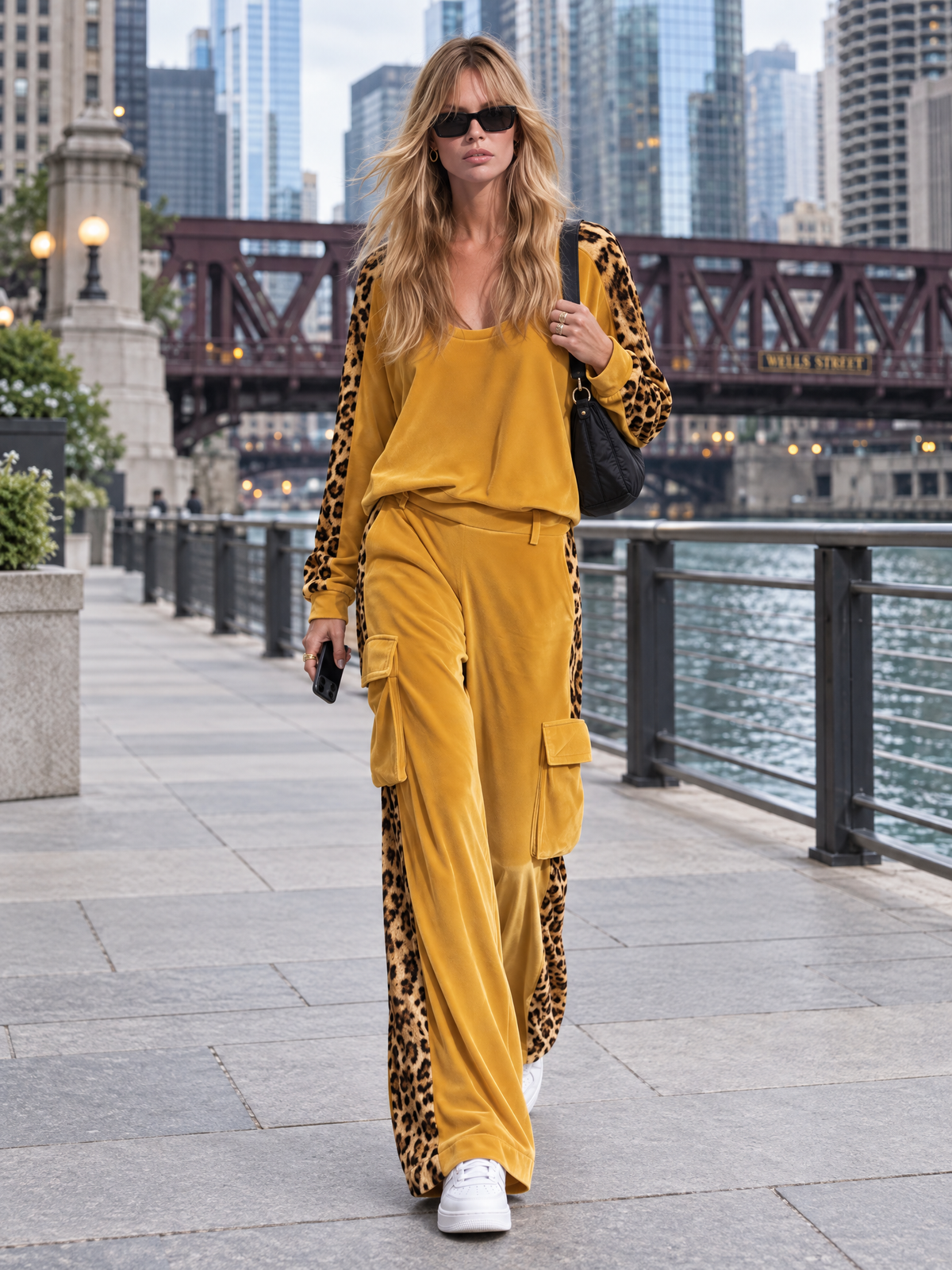 Retro Chic Yellow Leopard Print Velvet Top &amp; Wide-Leg Pants Set