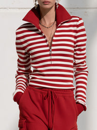 Casual Sporty Red Striped Cotton Half-Zip Sweatshirt