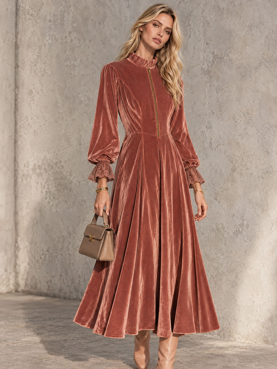 Vintage-style Elegant Rust Pink Ruffled Stand Collar Zipper Lace Cuffs Velvet Midi Dress
