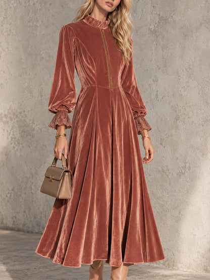Vintage-style Elegant Rust Pink Ruffled Stand Collar Zipper Lace Cuffs Velvet Midi Dress