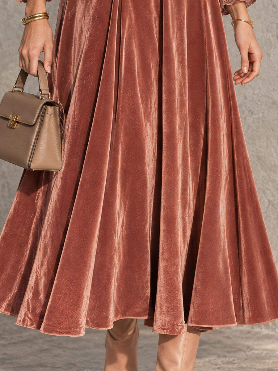 Vintage-style Elegant Rust Pink Ruffled Stand Collar Zipper Lace Cuffs Velvet Midi Dress