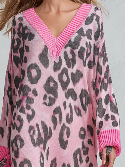 Stylish Loose-Fit Pink Leopard-Print V-Neck Knitted Maxi Dress