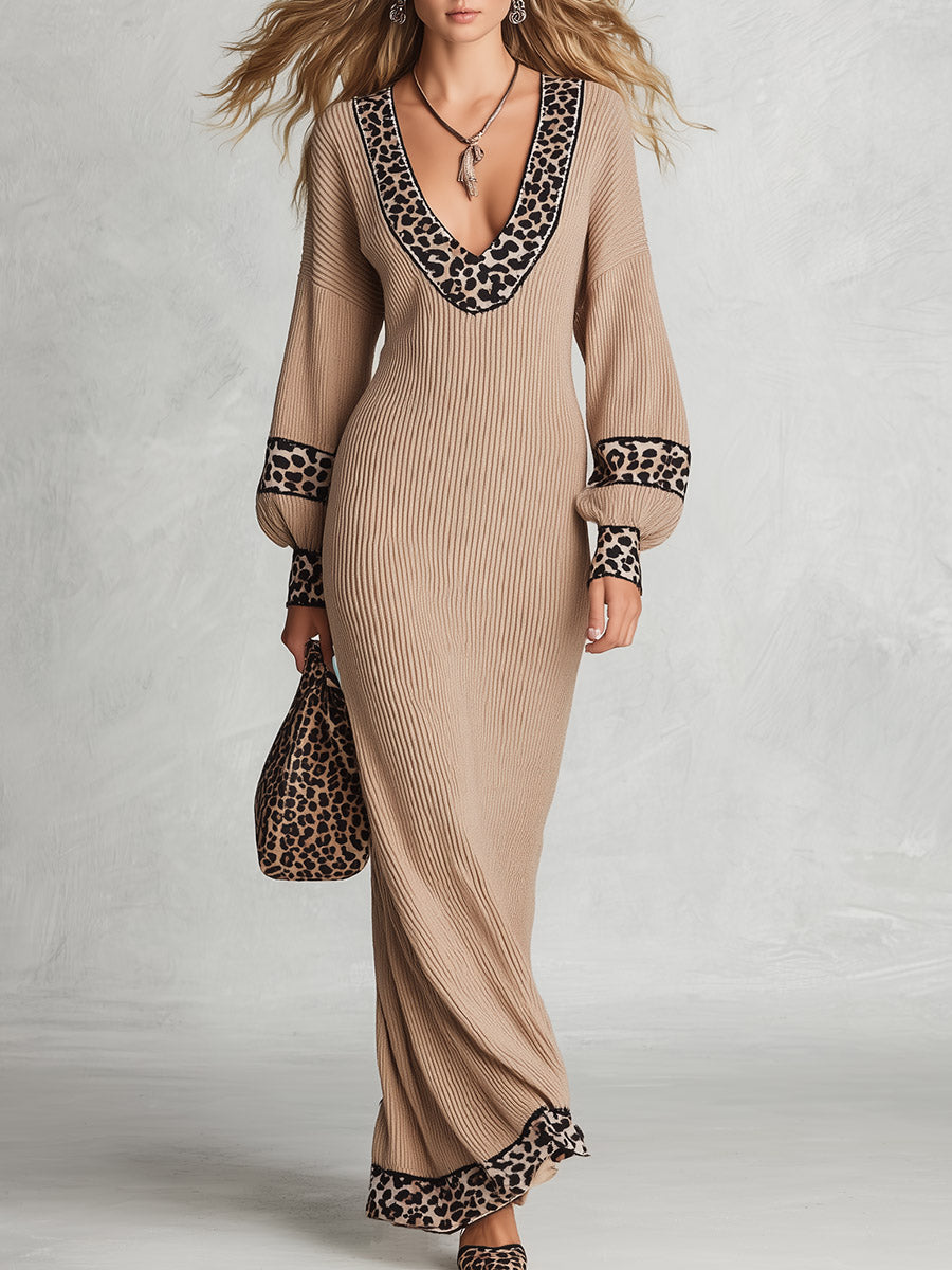 Vintage-Elegant Leopard-Trimmed Khaki Ribbed Knit Maxi Dress
