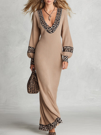 Vintage-Elegant Leopard-Trimmed Khaki Ribbed Knit Maxi Dress