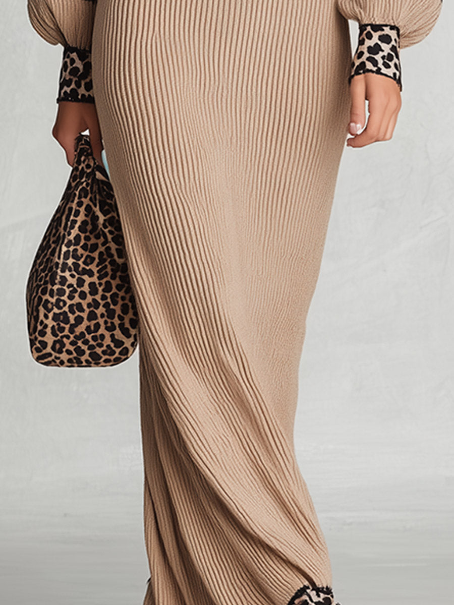 Vintage-Elegant Leopard-Trimmed Khaki Ribbed Knit Maxi Dress