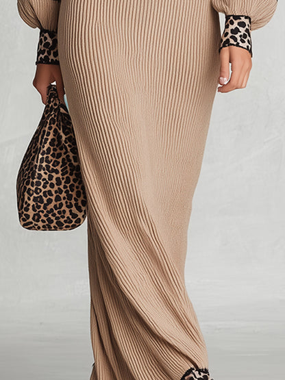 Vintage-Elegant Leopard-Trimmed Khaki Ribbed Knit Maxi Dress