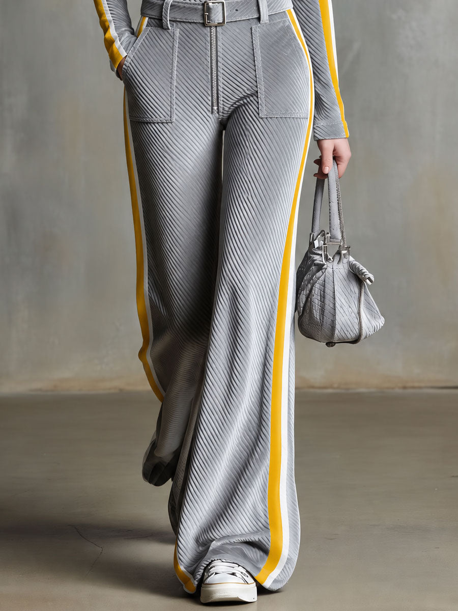 Retro Sporty Gray Ribbed Velvet Yellow Side-Stripe Stand-Collar Zip-Up Belted Wide-Leg Jumpsuit