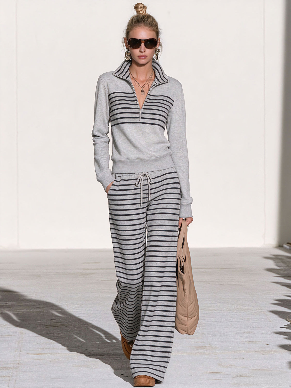 Casual Sporty Striped Light Gray Sweatshirt And Pants Set