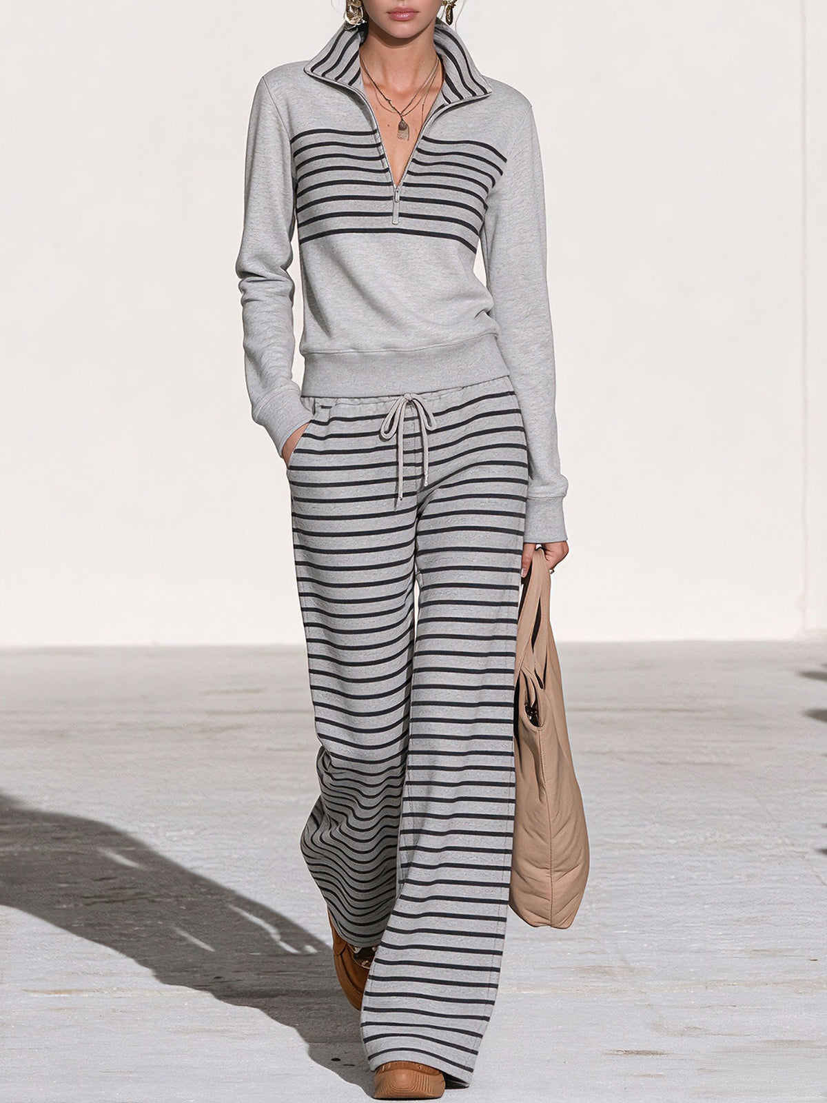 Casual Sporty Striped Light Gray Sweatshirt And Pants Set
