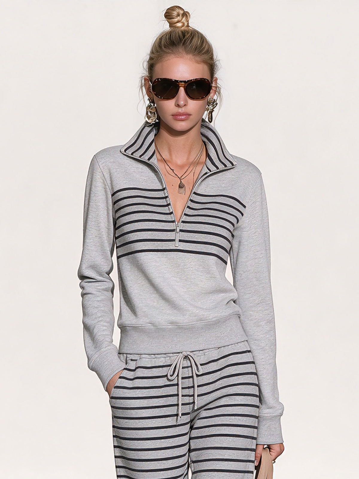 Casual Sporty Striped Light Gray Sweatshirt And Pants Set
