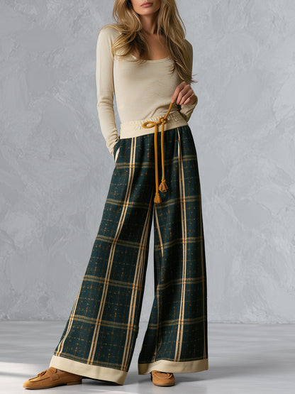 Retro Beige Long-sleeve T-shirt and Green Plaid Wool-blend Wide-leg Trousers Set