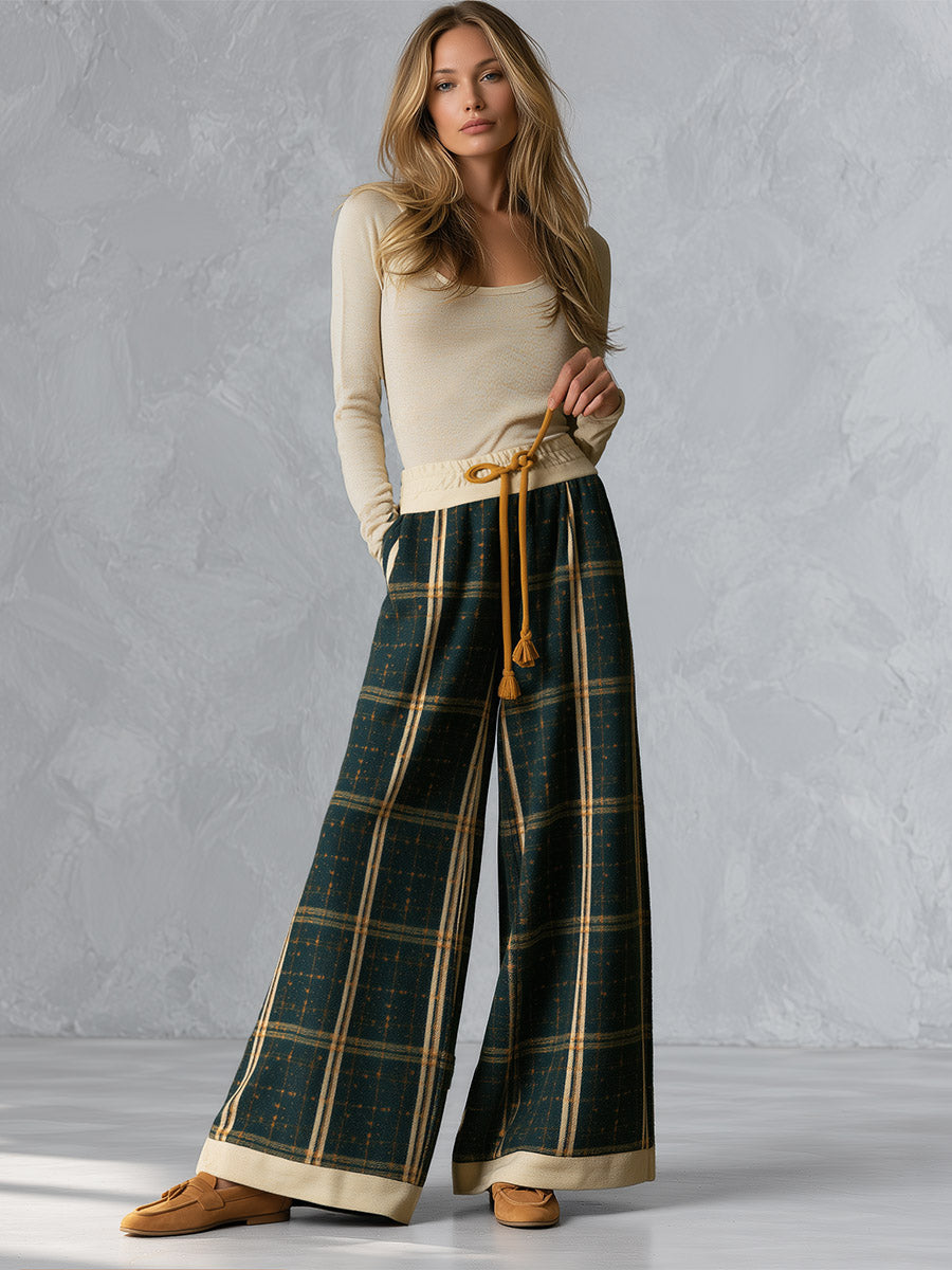 Retro Beige Long-sleeve T-shirt and Green Plaid Wool-blend Wide-leg Trousers Set