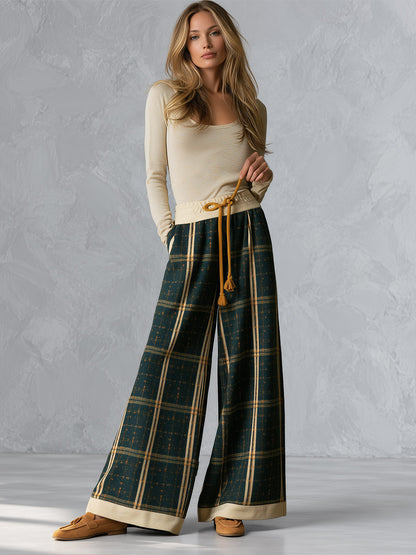 Retro Beige Long-sleeve T-shirt and Green Plaid Wool-blend Wide-leg Trousers Set