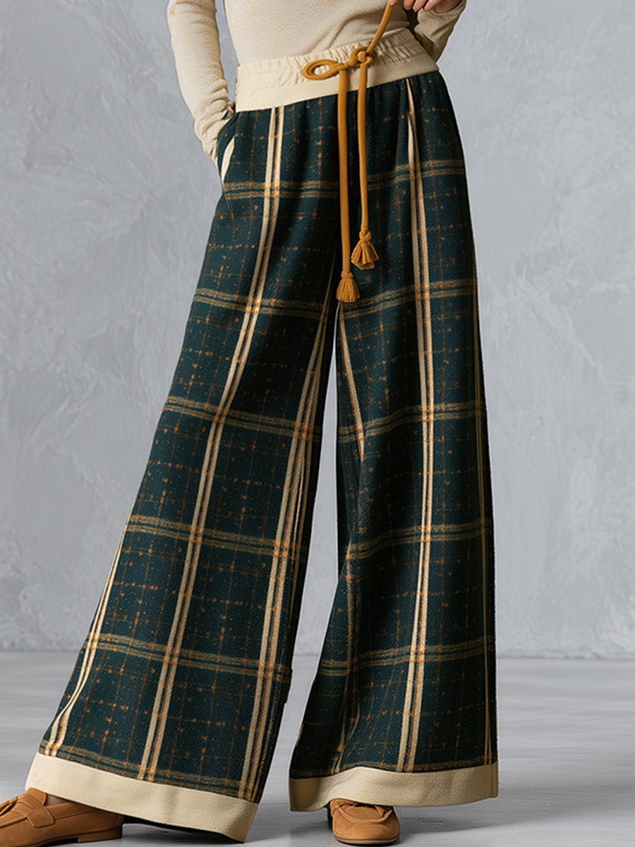 Retro Beige Long-sleeve T-shirt and Green Plaid Wool-blend Wide-leg Trousers Set