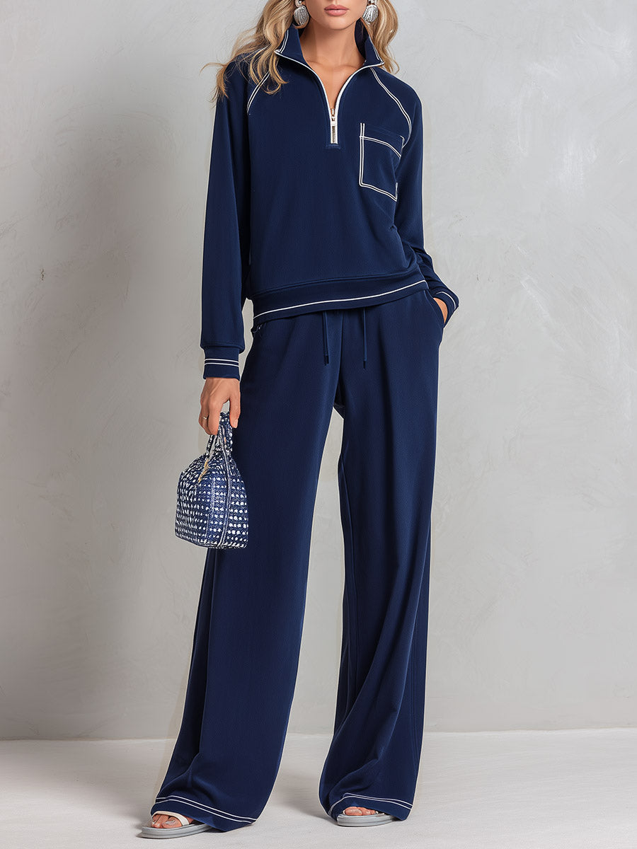 Classic Sporty Trimmed Deep Blue Cotton Sweatshirt And Wide-Leg Pants Set