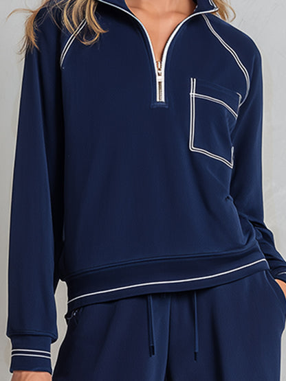 Classic Sporty Trimmed Deep Blue Cotton Sweatshirt And Wide-Leg Pants Set