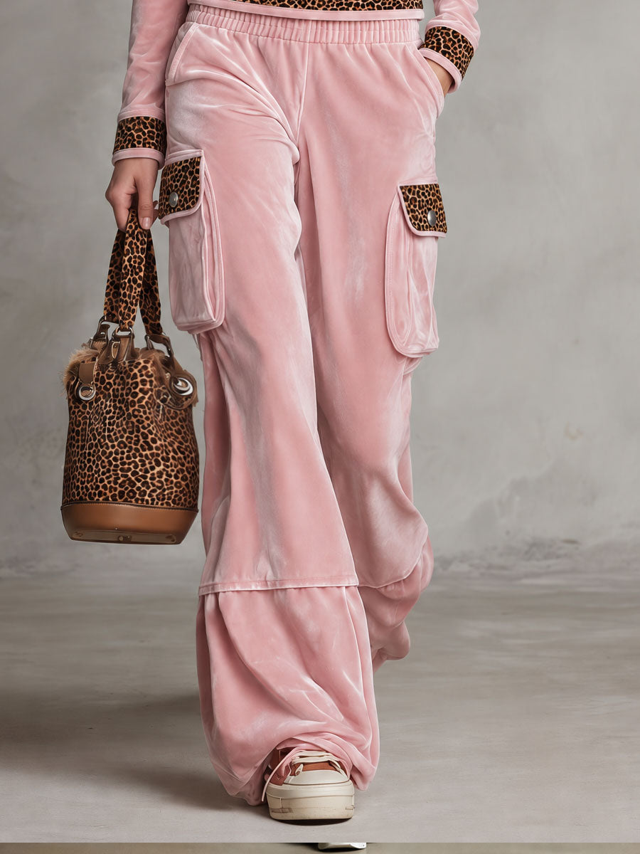 Retro Sporty Pink Velvet Leopard-Trim Hooded Half-Zip Top And Cargo Wide-Leg Pants Set