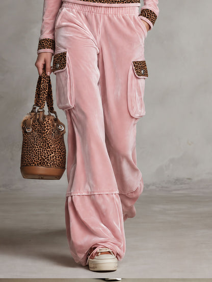 Retro Sporty Pink Velvet Leopard-Trim Hooded Half-Zip Top And Cargo Wide-Leg Pants Set