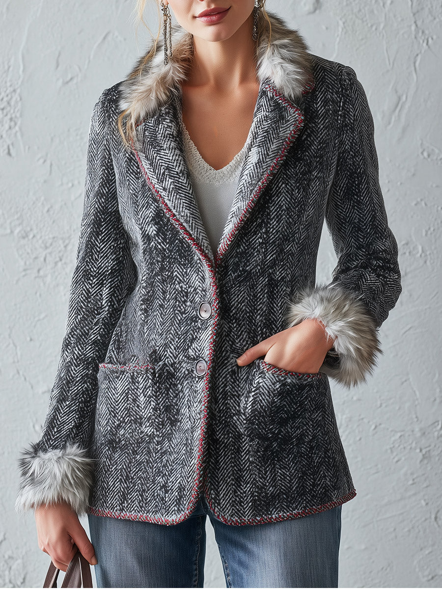 Classic Faux-Raw-Edge Grey Herringbone Wool-Blend Blazer