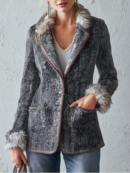 Classic Faux-Raw-Edge Grey Herringbone Wool-Blend Blazer